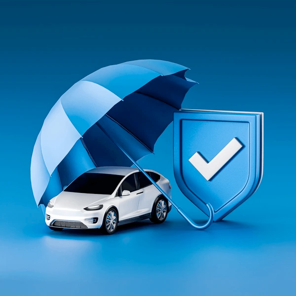 Modern blue car illustration with digital insurance icons floating around it.